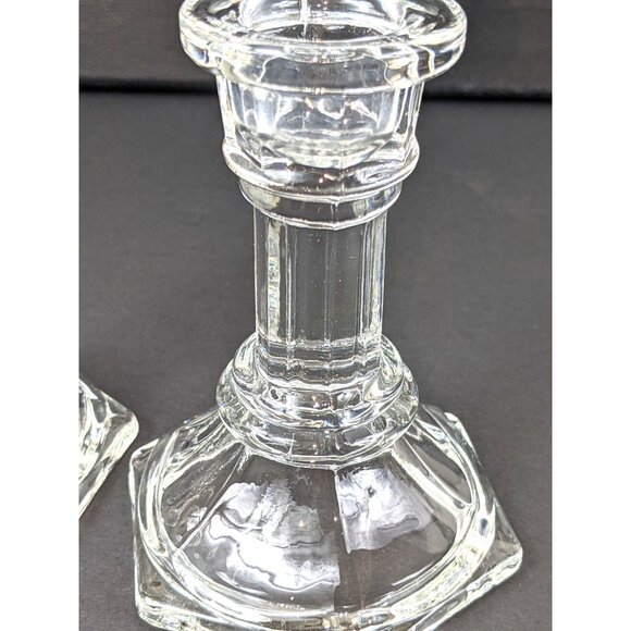 Vintage Clear Glass Hexagonal Candlestick Holders 2 Piece Set Elegant Home Decor - Picture 3 of 6